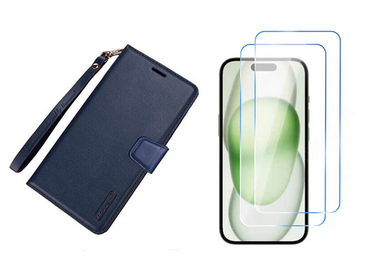 For iPhone 17 Wallet Lanyard Case Navy blue + 2 Screen Protectors