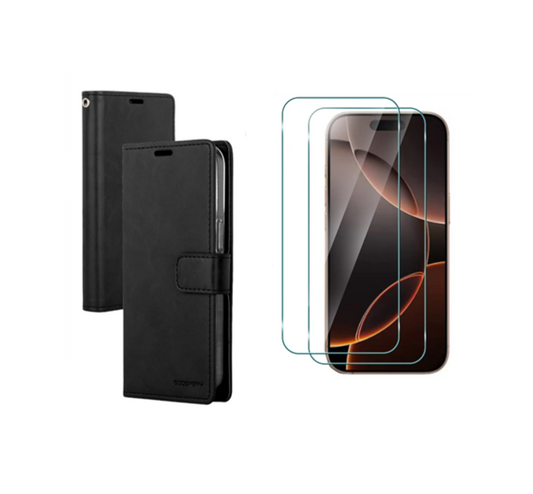 Flip Wallet Case for iPhone 14 Plus -Black + 2 x Screen Protectors
