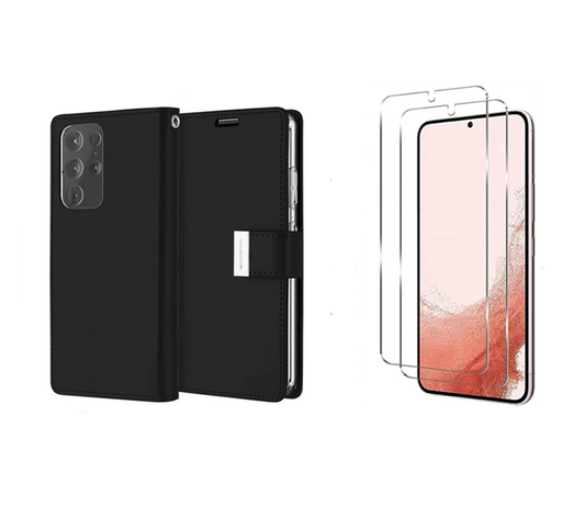 For Samsung Galaxy S21 Plus Dual layers wallet Cover -Black + 2 x Screen Protectors