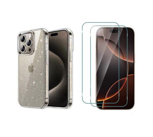 For iPhone 14 Pro Clear Bling Sparkle Shockproof Phone Cover + 2 Screen Protectors