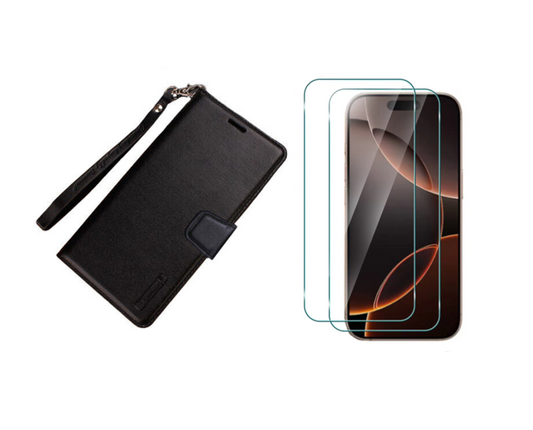 For iPhone 14 Plus Wallet Case with Lanyard Black+ 2 x Screen Protectors
