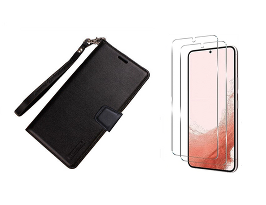 For Samsung Galaxy A15 Wallet Case with Lanyard Black+ 2 x Screen Protectors