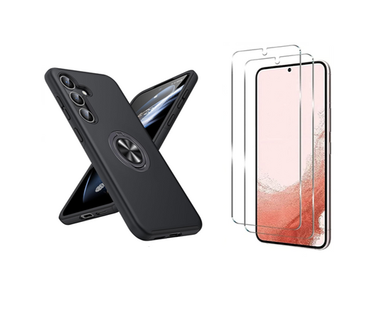 For Samsung Galaxy S21 Plus Case with Ring Holder Kickstand Black case + 2 x Screen Protectors