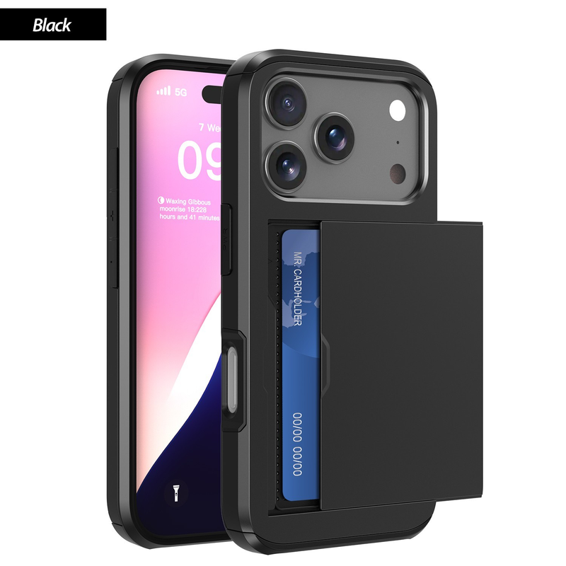 For Apple iPhone 17 Pro Max Slide Wallet Card Shockproof Cover-Black