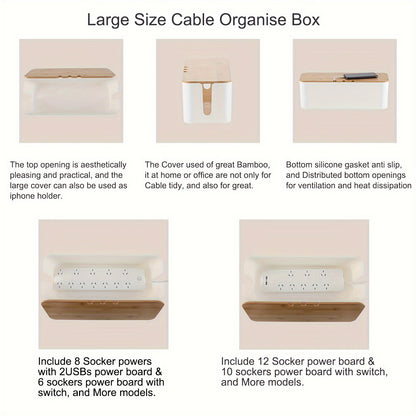 Large & Medium Cable Organizer Box with Bamboo Lid-White