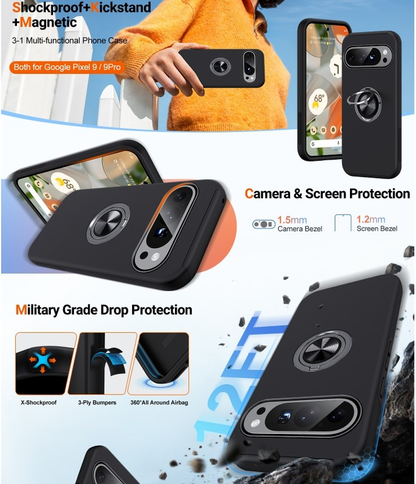 For Google Pixel 6a Shockproof Ring Magnetic Phone Case-Black