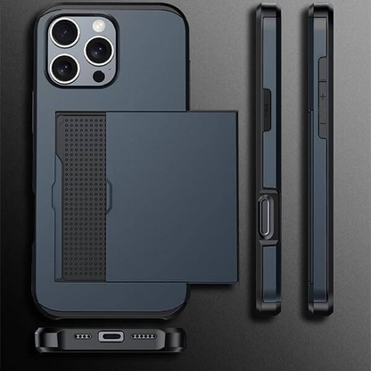 For iPhone 15 Pro Max Slide Card Holder Shockproof Case Cover-Navy Blue