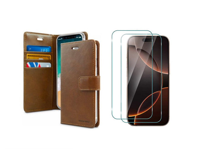 For iPhone 17 Pro Wallet Case Brown + 2 x Screen Protectors
