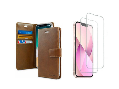 For iPhone 14 Flip Wallet Brown Case + 2 x Screen Protectors