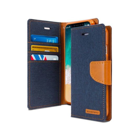 For iPhone 16 Pro Canvas Wallet Flip Cover Case With Card Slot-Navy Blue