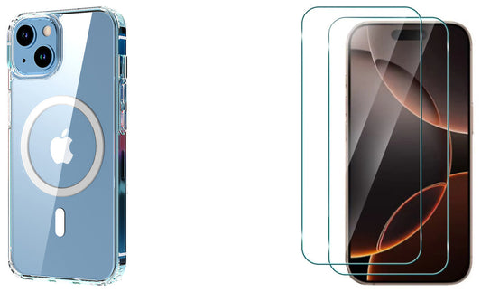 For iPhone 15 Clear Case Magsafe Cover + 2 x Tempered Glass Protectors