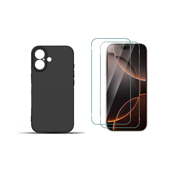 For iPhone 16 Plus Silicone Gel Black case + 2 x Screen Protectors
