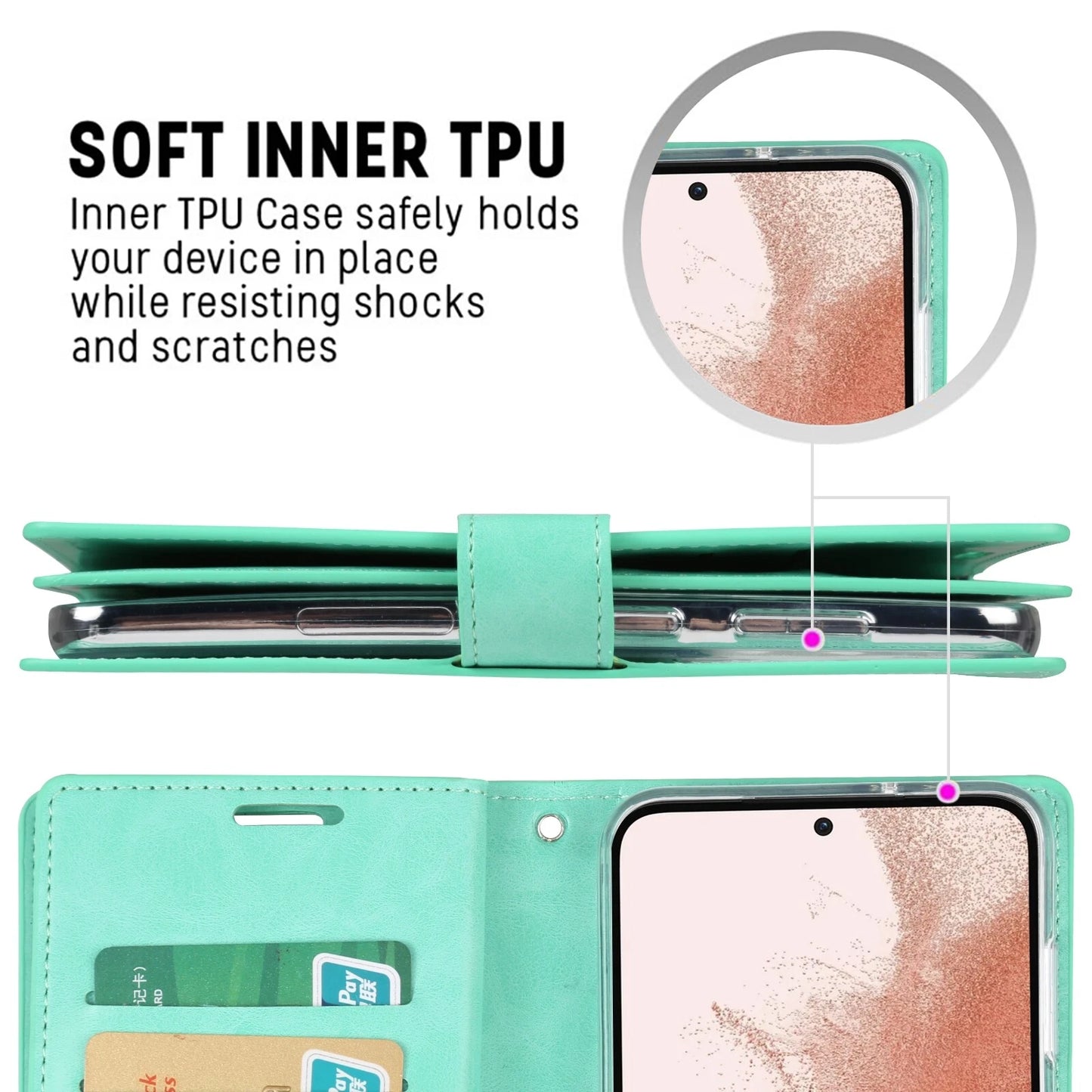 For Samsung Galaxy S21 Double Layers Wallet Leather Flip Mint Green Case