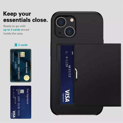 For iPhone 14 Slide Card Holder Shockproof Case Cover-Black Colour