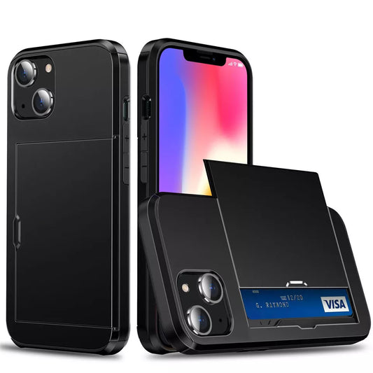 For iPhone 14 Slide Card Holder Shockproof Case Cover-Black Colour