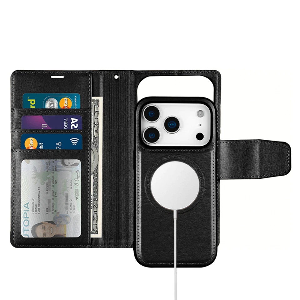 For iPhone 17 Pro Magnetic Detachable Wallet Case Black