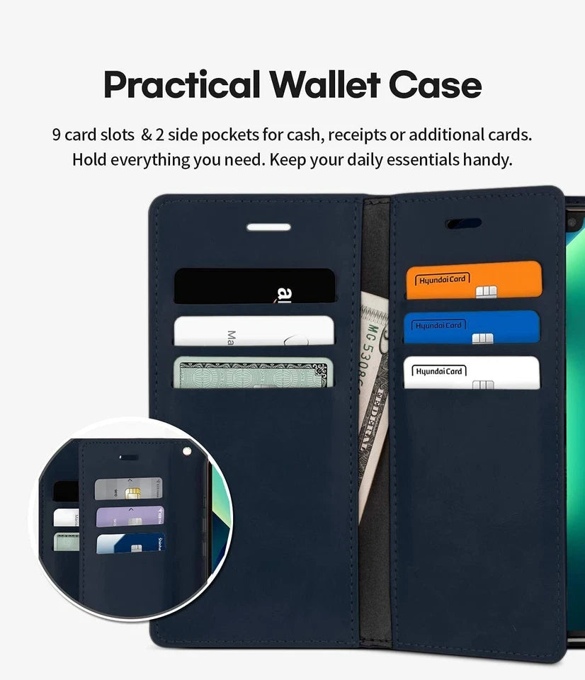 For iPhone 17 Pro Max Double Layers Wallet Flip Navy Blue Case